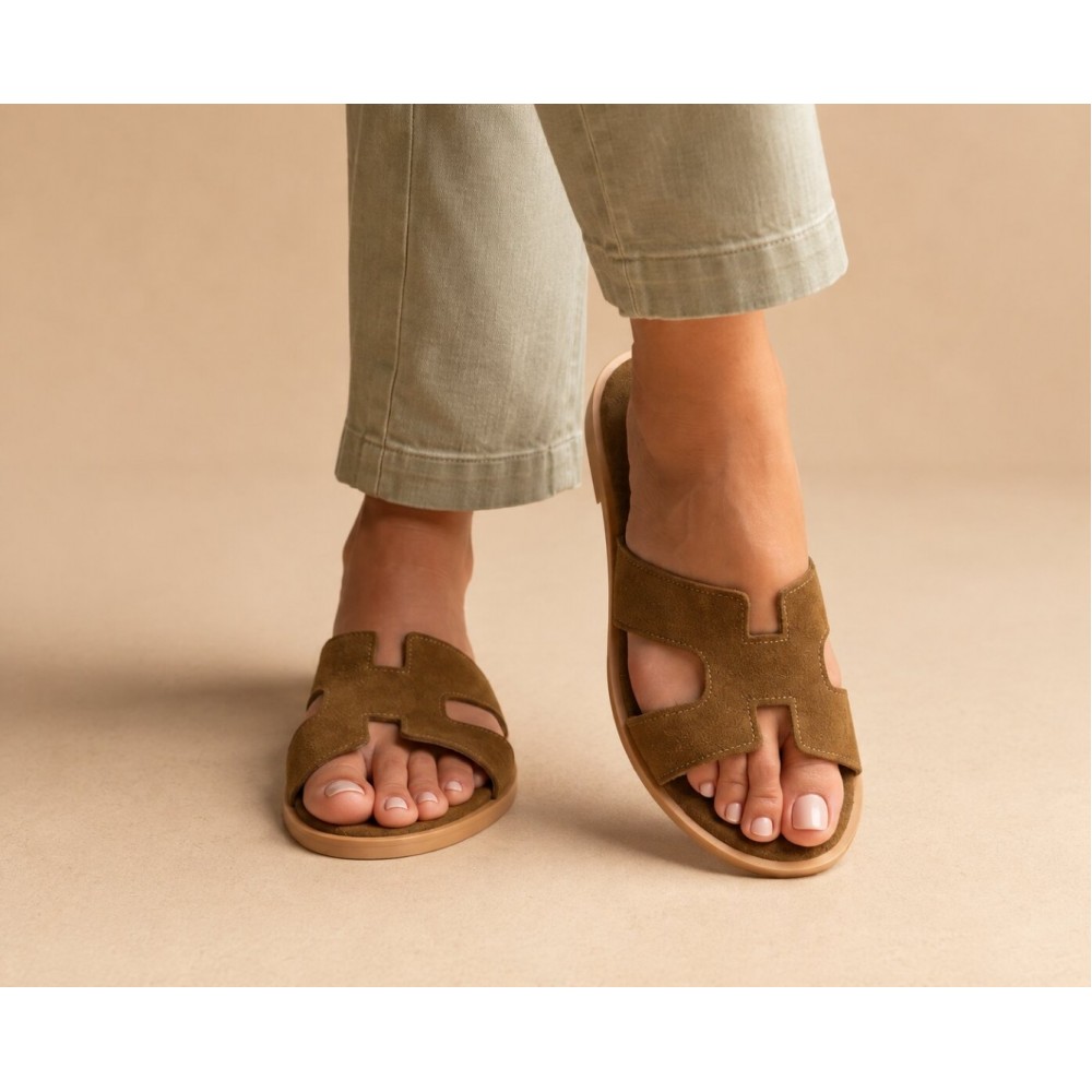 Women Leather Sandals Klimatsakis 37VM Suede, Olive Green