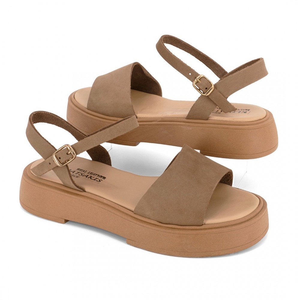 Women Leather Sandals Wedges Klimatsakis 74, Taupe Women Leather Sandals Wedges Klimatsakis 74, Taupe