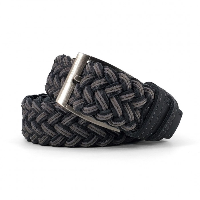 Knitted Leather Belt Kouros, Width 3,50cm, Black/Grey