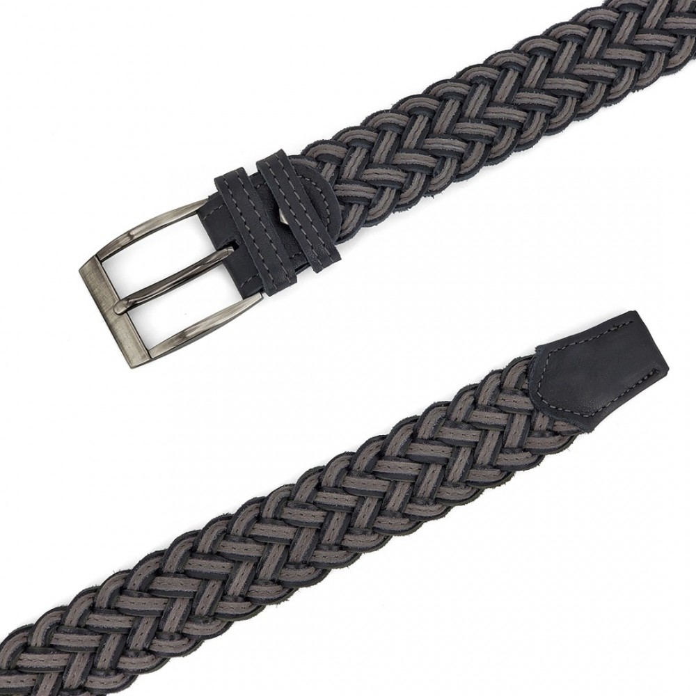 Knitted Leather Belt Kouros, Width 3,50cm, Black/Grey