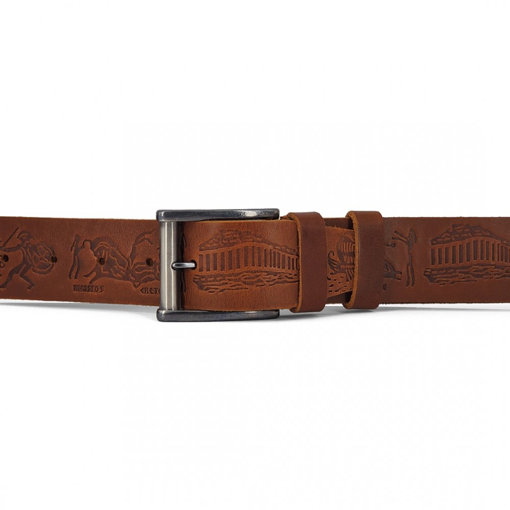 Leather Belt Kouros with Ancient Greek Print, Width 4,00cm, Brown