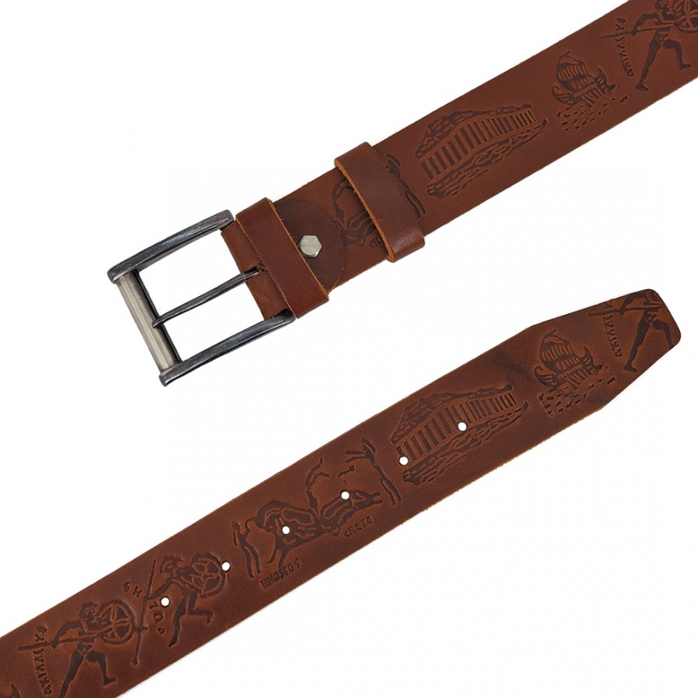Leather Belt Kouros with Ancient Greek Print, Width 4,00cm, Brown