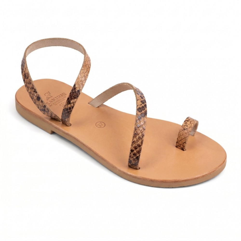 Women Leather Sandals Tsakiris 101, Brown Snake Print