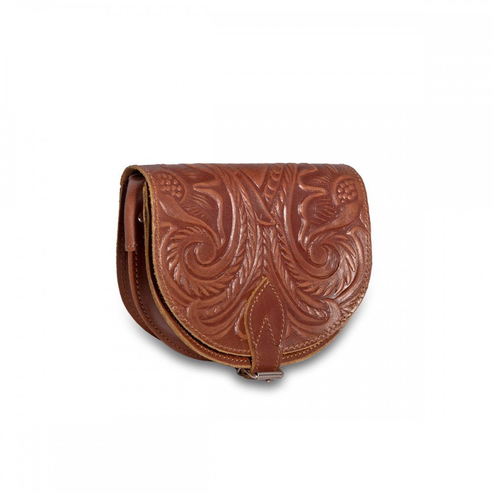 Leather Crossbody Bag Kouros 500, Brown Flower Print
